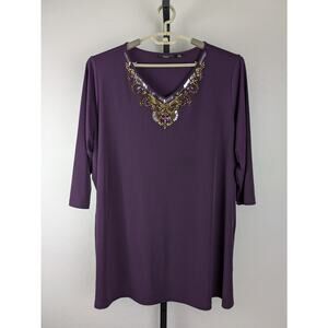 Susan Graver purple Liquid Knit 3/4 sleeve tunic top Jewel Embellished v-neck